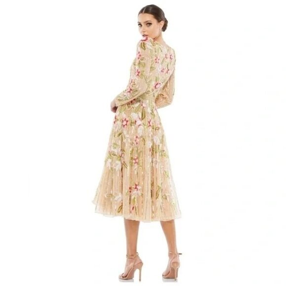 Mac Duggal 5415 Floral Tea Length Dress Sequin Beadwork Long Sleeve Size 8 NWT - Picture 3 of 13